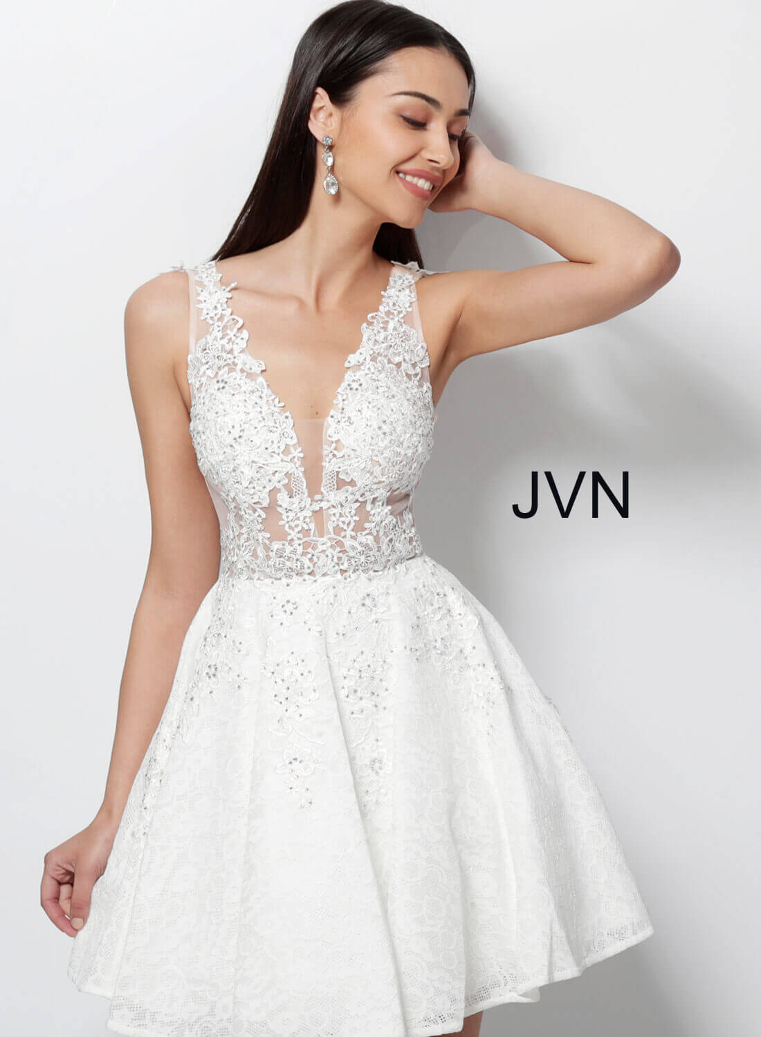 JVN45264 Dress | White lace applique fit and flare short dress